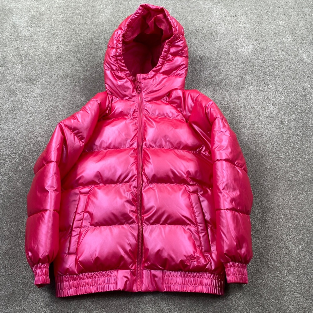 Under Armour Puffer Jacket Kids Youth Medium Pink Metallic Quilted Hooded Zip
